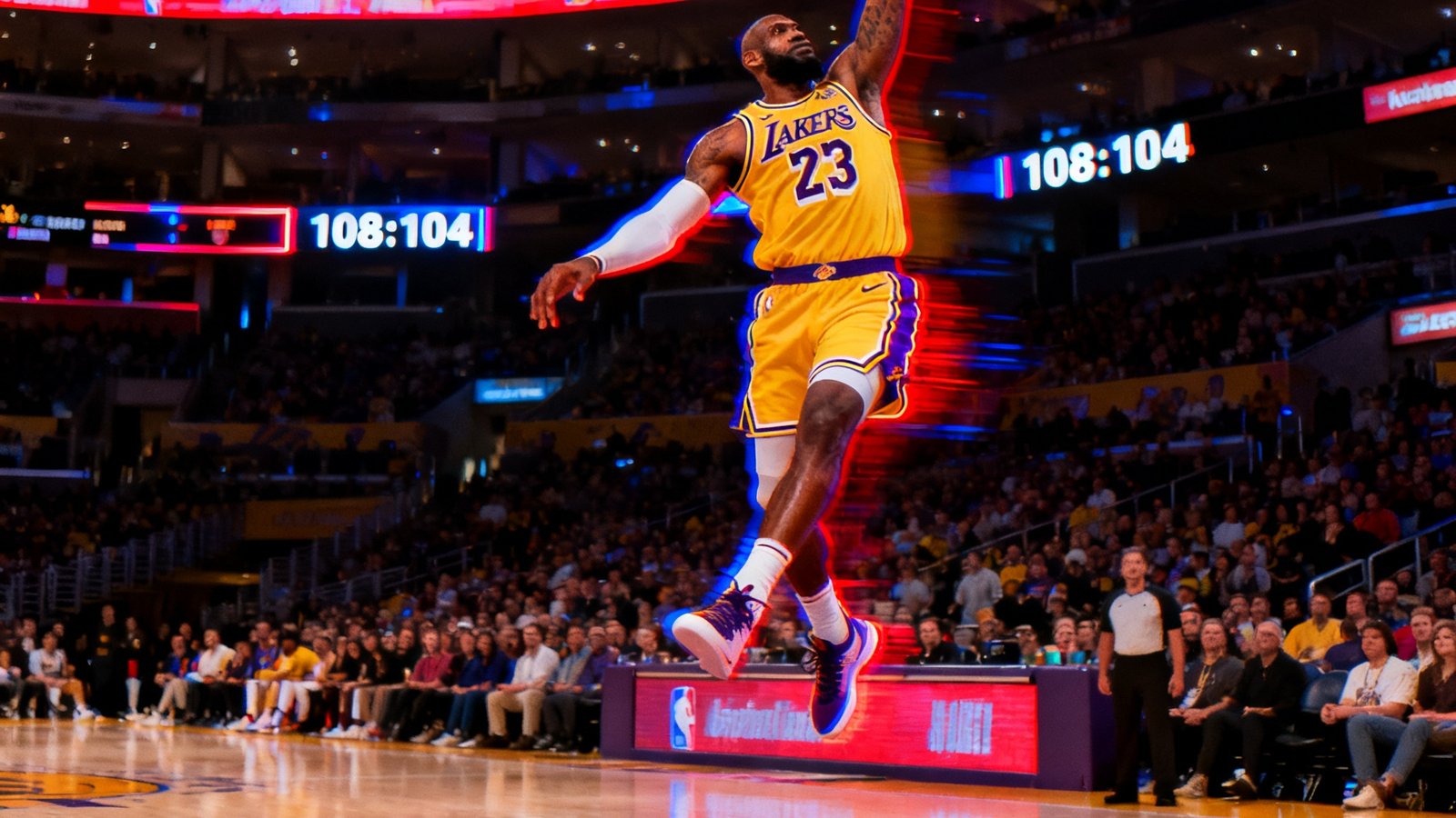 NBA季后赛湖人对阵勇士精彩回放封面，湖人队球员飞身扣篮瞬间，篮筐在霓虹灯光下闪烁，比分牌显示108:104