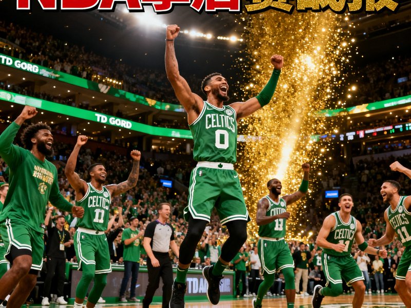 NBA季后赛战报封面，凯尔特人队球员在TD花园球馆庆祝胜利，绿色球衣与金色灯光交相辉映